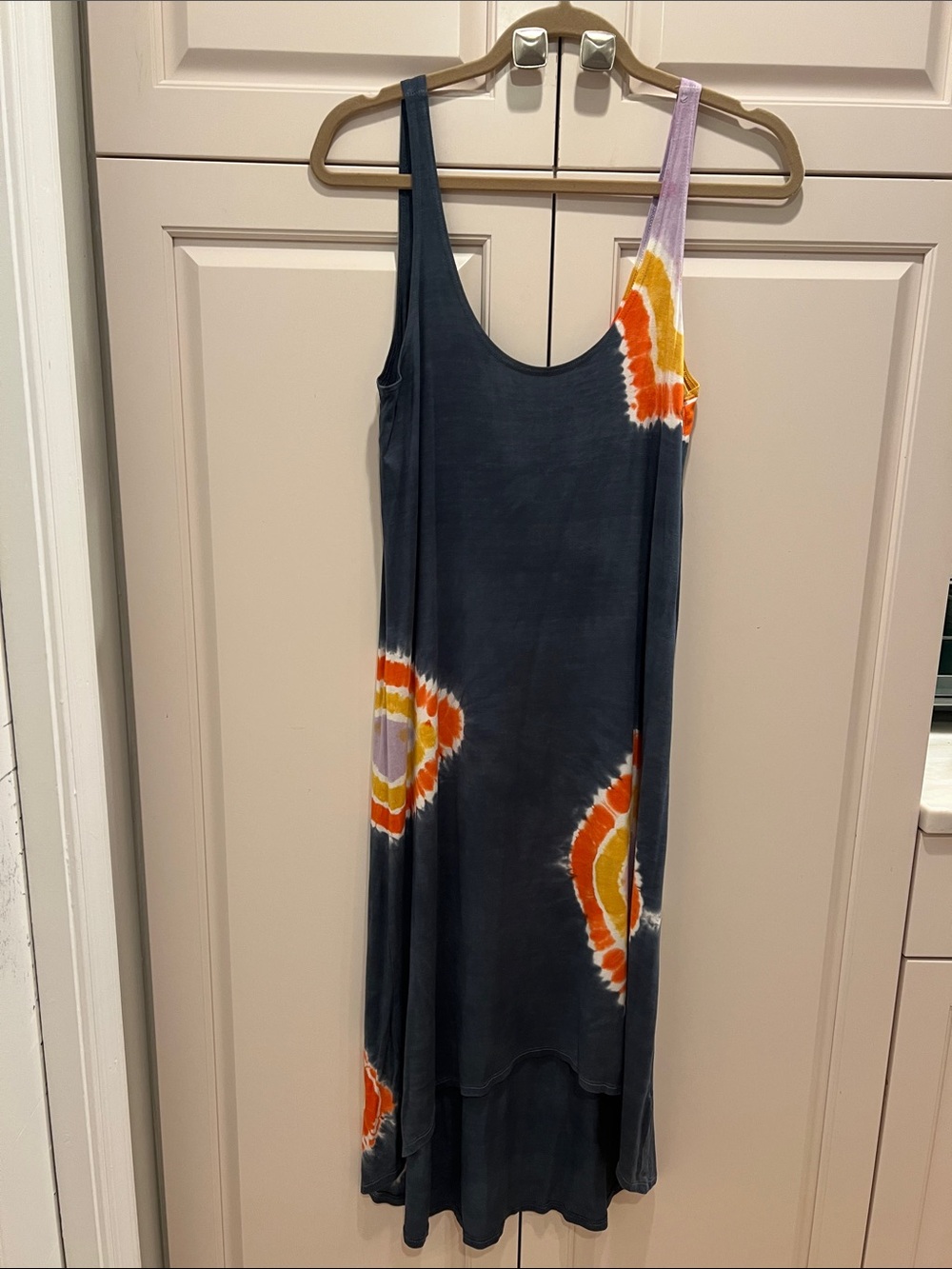 Dark Gray Tie-Dye Maxi Sun Dress with Orange & Yellow Accents M
